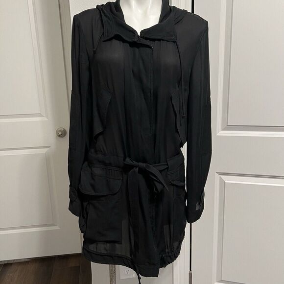 A.L.C. Black Jacket Silk Sheer Hood Zip Utility Coat Slouchy Belt Women’s - Picture 2 of 14